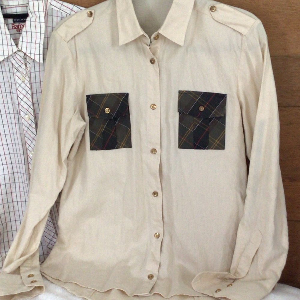 Barbour Cream Button Down Shirt with Plaid Accents 8